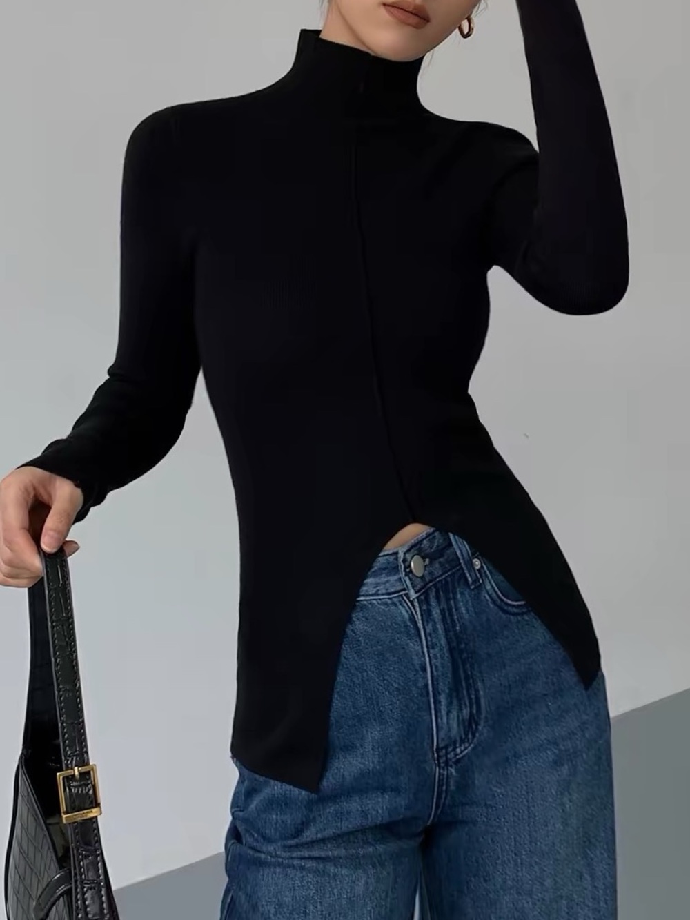 Slim Black Mock Turtleneck Asymmetrical Hem Sweater
